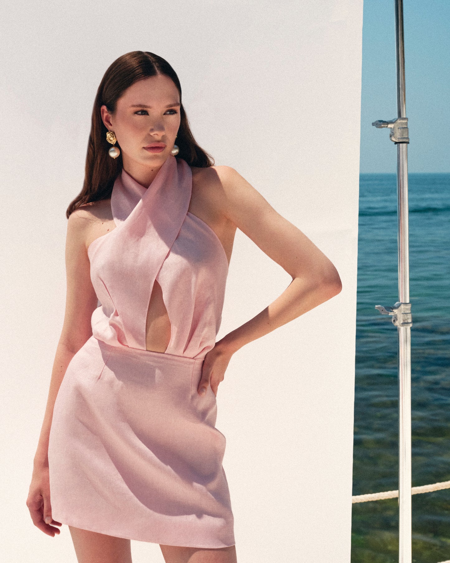 Rochie Daisy din in roz cu esarfe