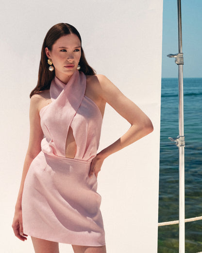 Rochie Daisy din in roz cu esarfe
