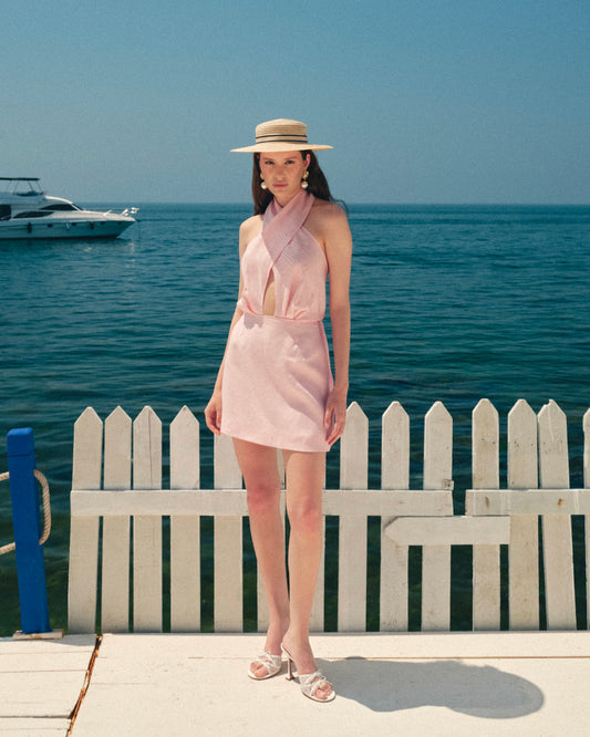 Rochie Daisy din in roz cu esarfe