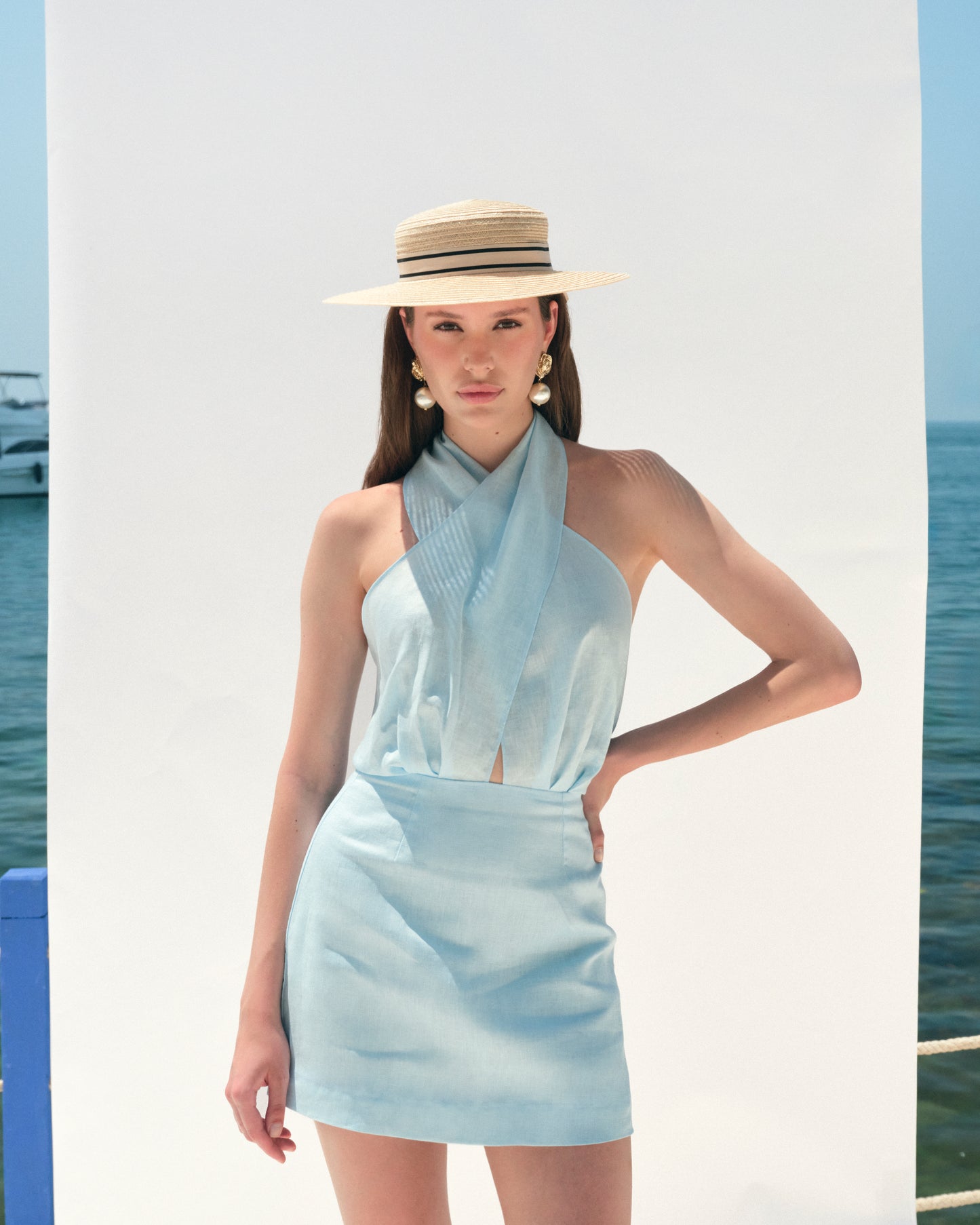 Rochie Daisy din in albastru cu esarfe