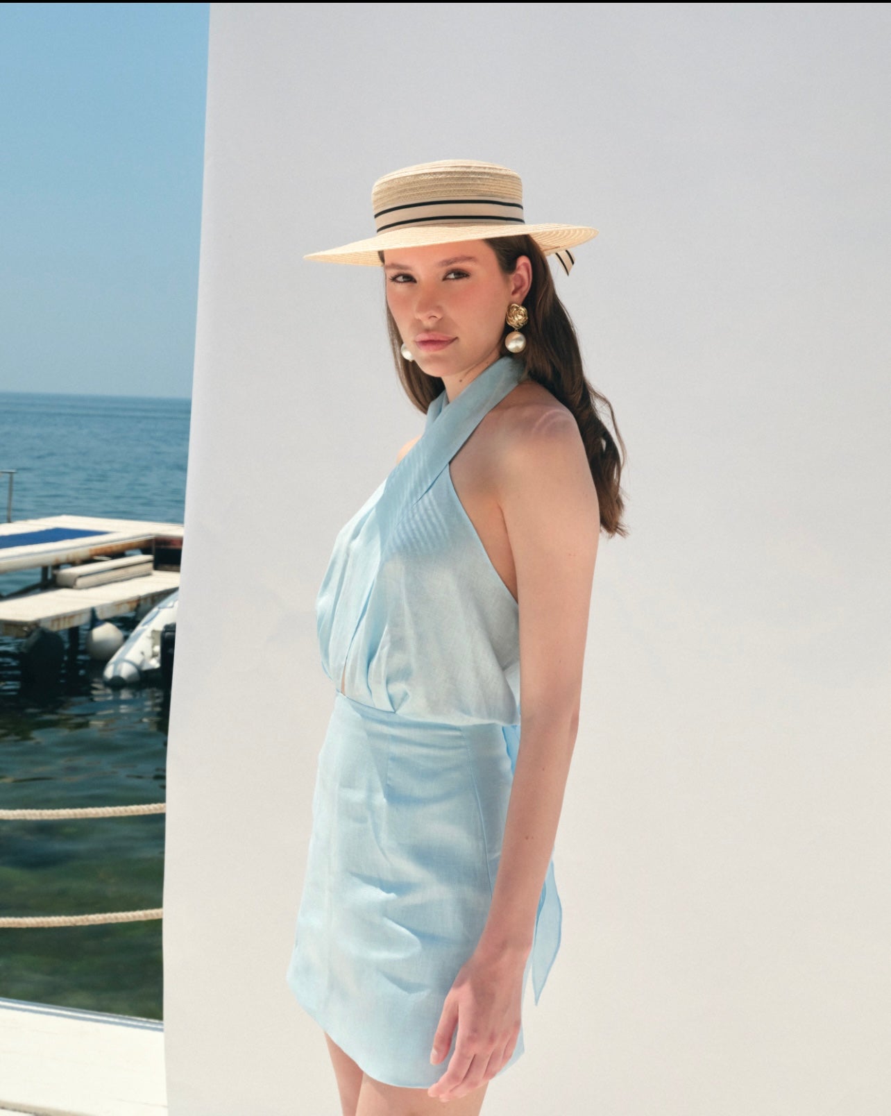 Rochie Daisy din in albastru cu esarfe