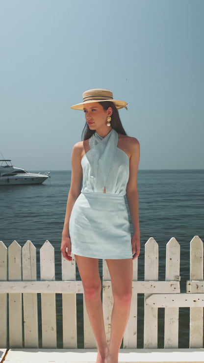 Rochie Daisy din in albastru cu esarfe