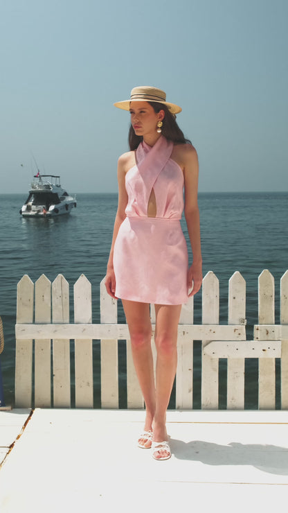 Rochie Daisy din in roz cu esarfe